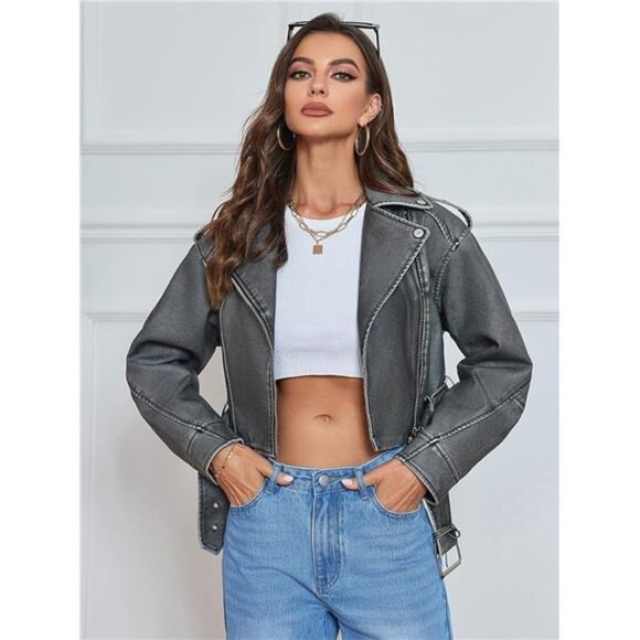 Gray Faux Leather Oversized Cropped Jacket Belted Biker Moto Jacket Coat Zip Up - Picture 4 of 8